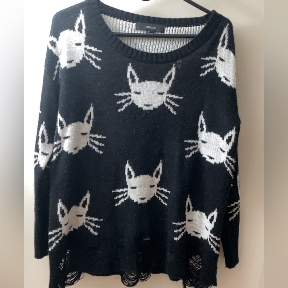 Forever 21 Black and White Distressed Cat Face Sweater